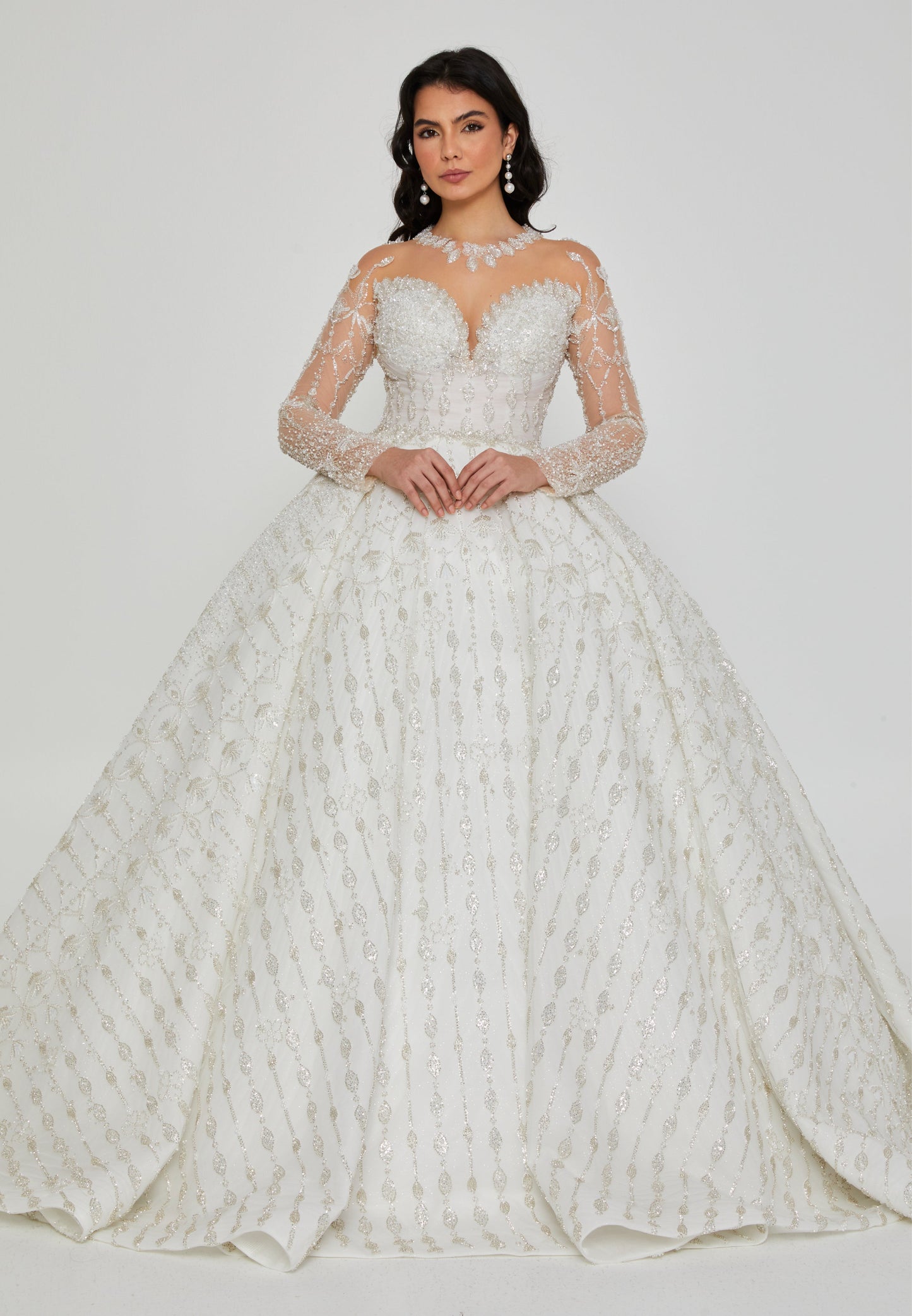 Long Sleeve Maxi Tulle Regular Wedding Dress Off White - Unit Price: 970$