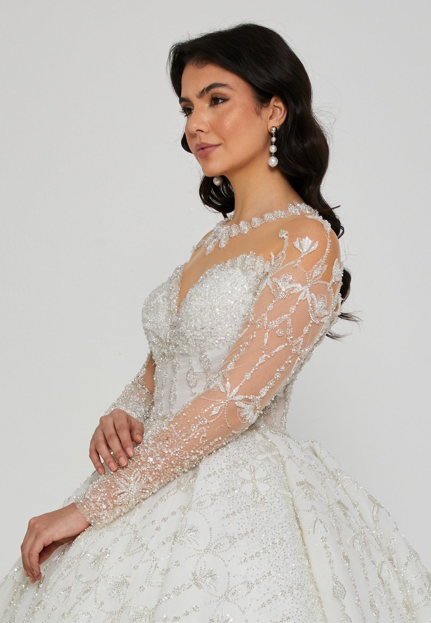 Long Sleeve Maxi Tulle Regular Wedding Dress Off White - Unit Price: 970$