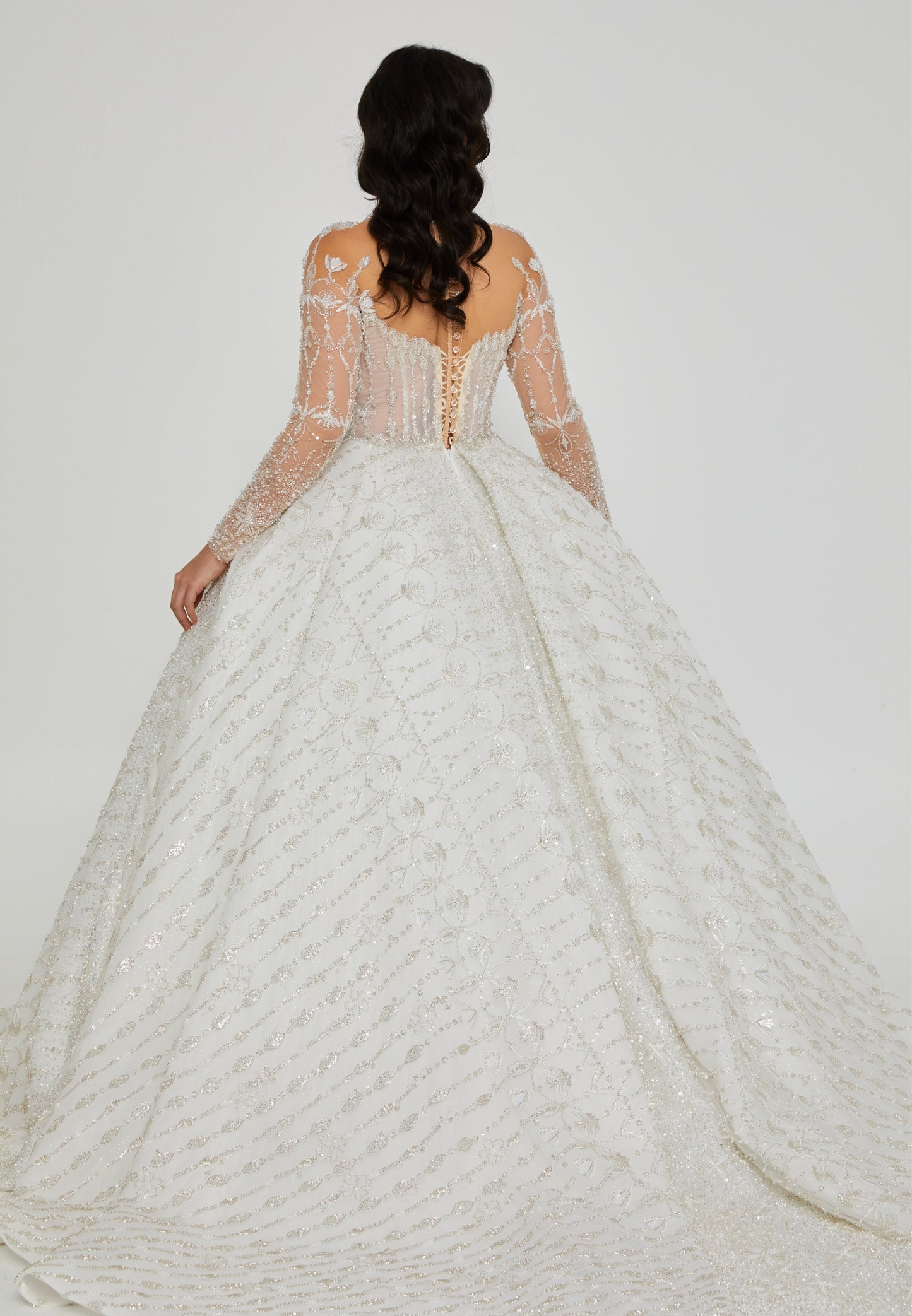 Long Sleeve Maxi Tulle Regular Wedding Dress Off White - Unit Price: 970$