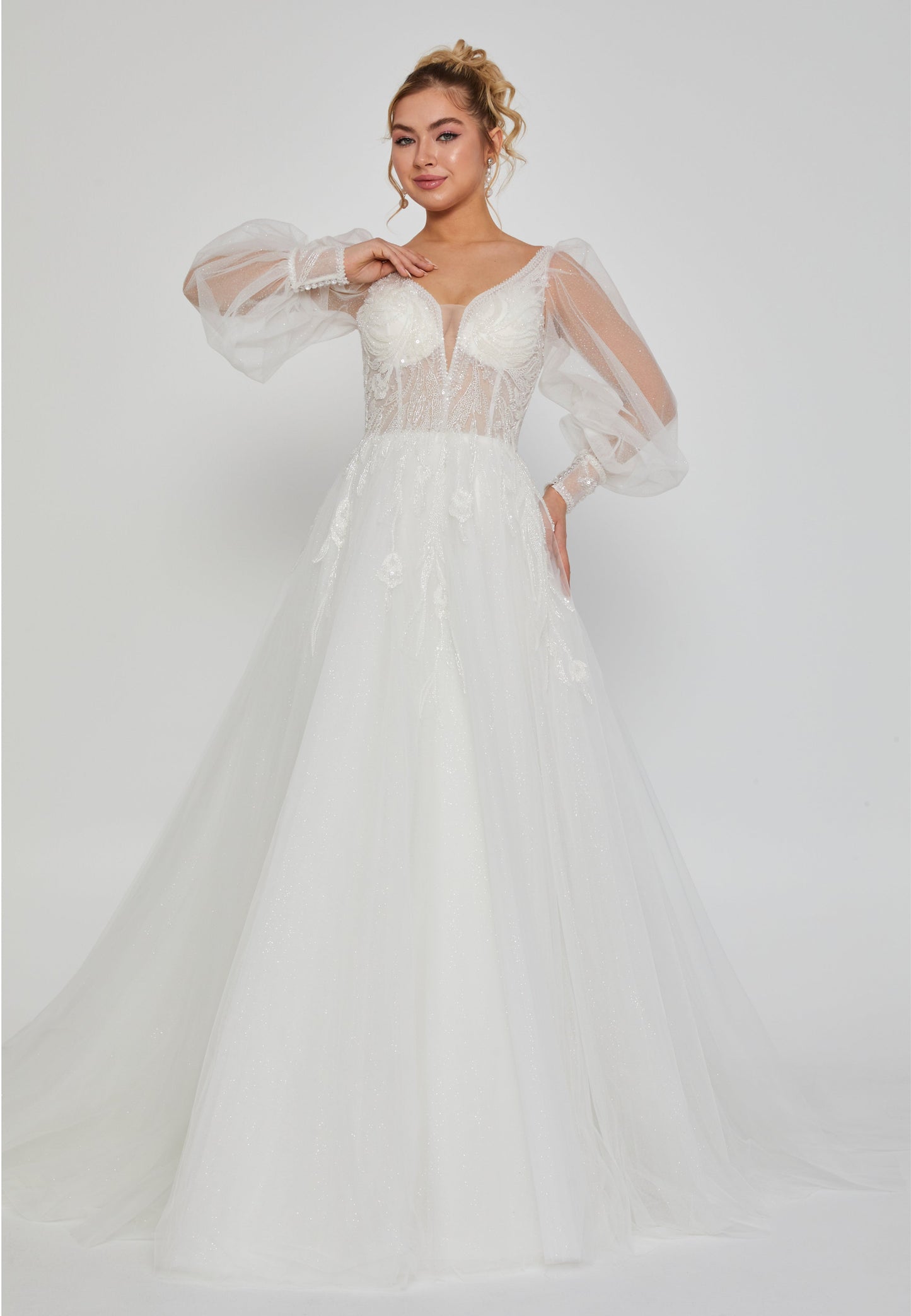 Long Sleeve Maxi Tulle Regular Wedding Dress White - Unit Price: 240$