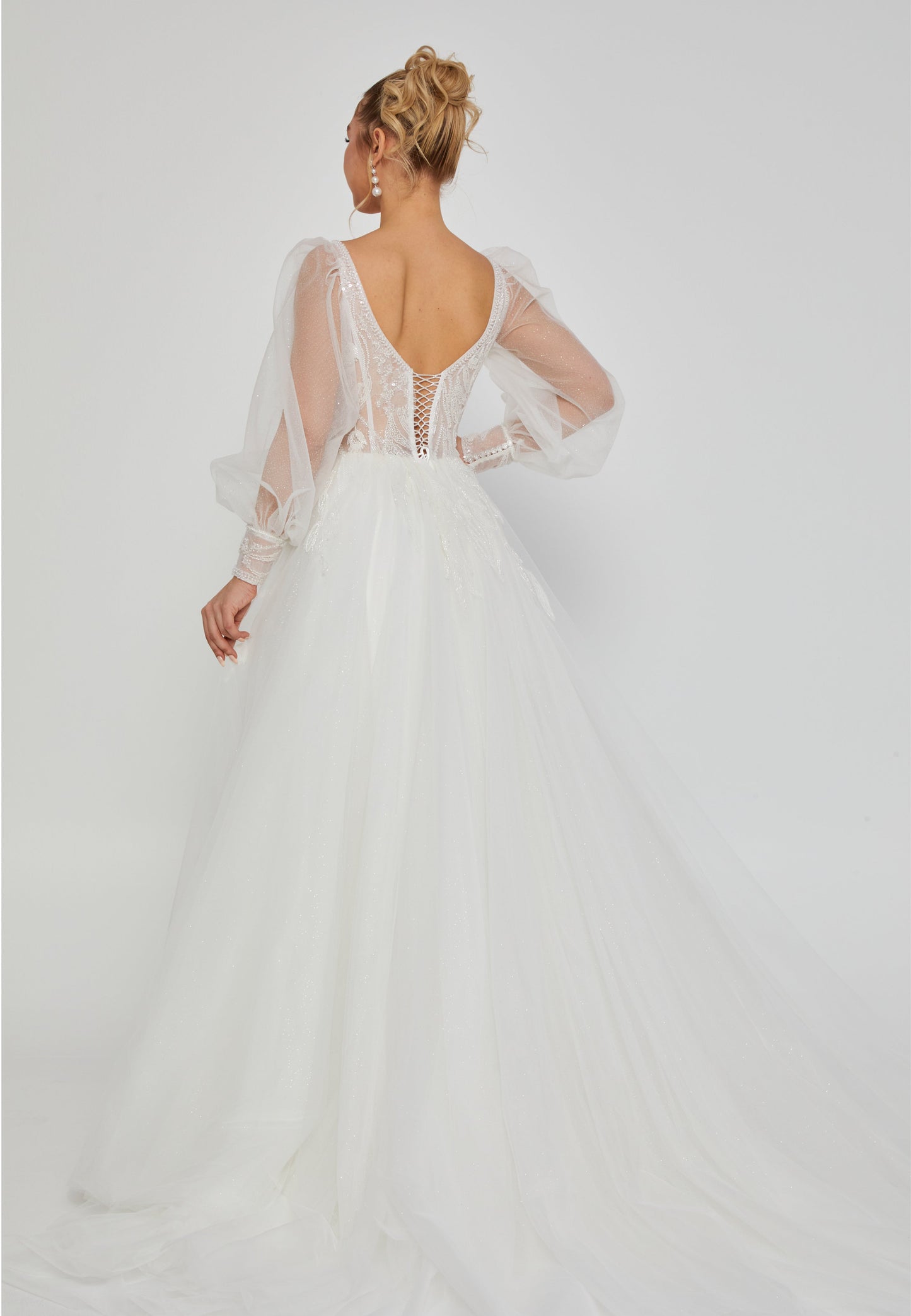 Long Sleeve Maxi Tulle Regular Wedding Dress White - Unit Price: 240$