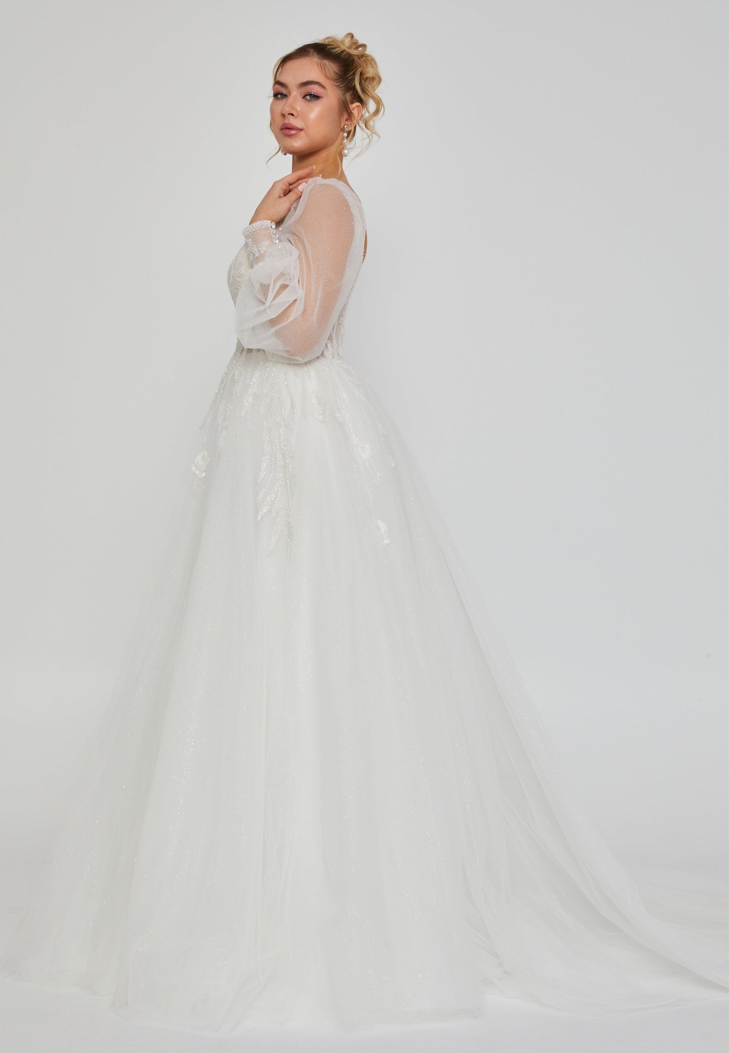 Long Sleeve Maxi Tulle Regular Wedding Dress White - Unit Price: 240$