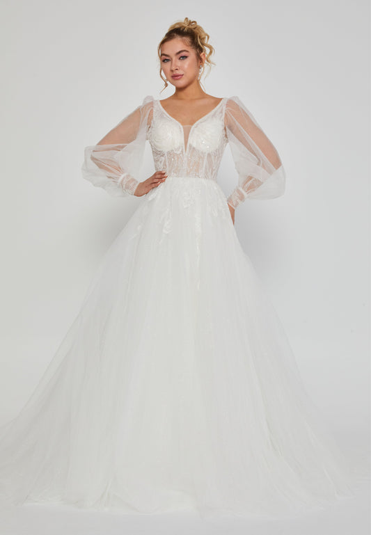 Long Sleeve Maxi Tulle Regular Wedding Dress White - Unit Price: 230$