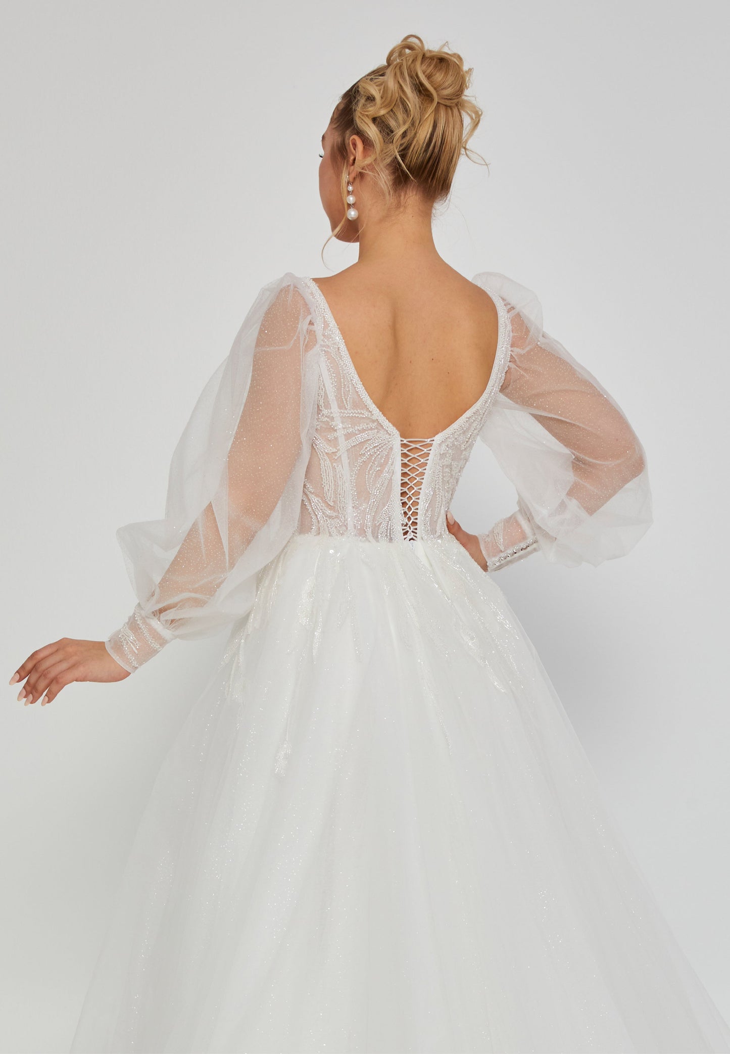 Long Sleeve Maxi Tulle Regular Wedding Dress White - Unit Price: 230$