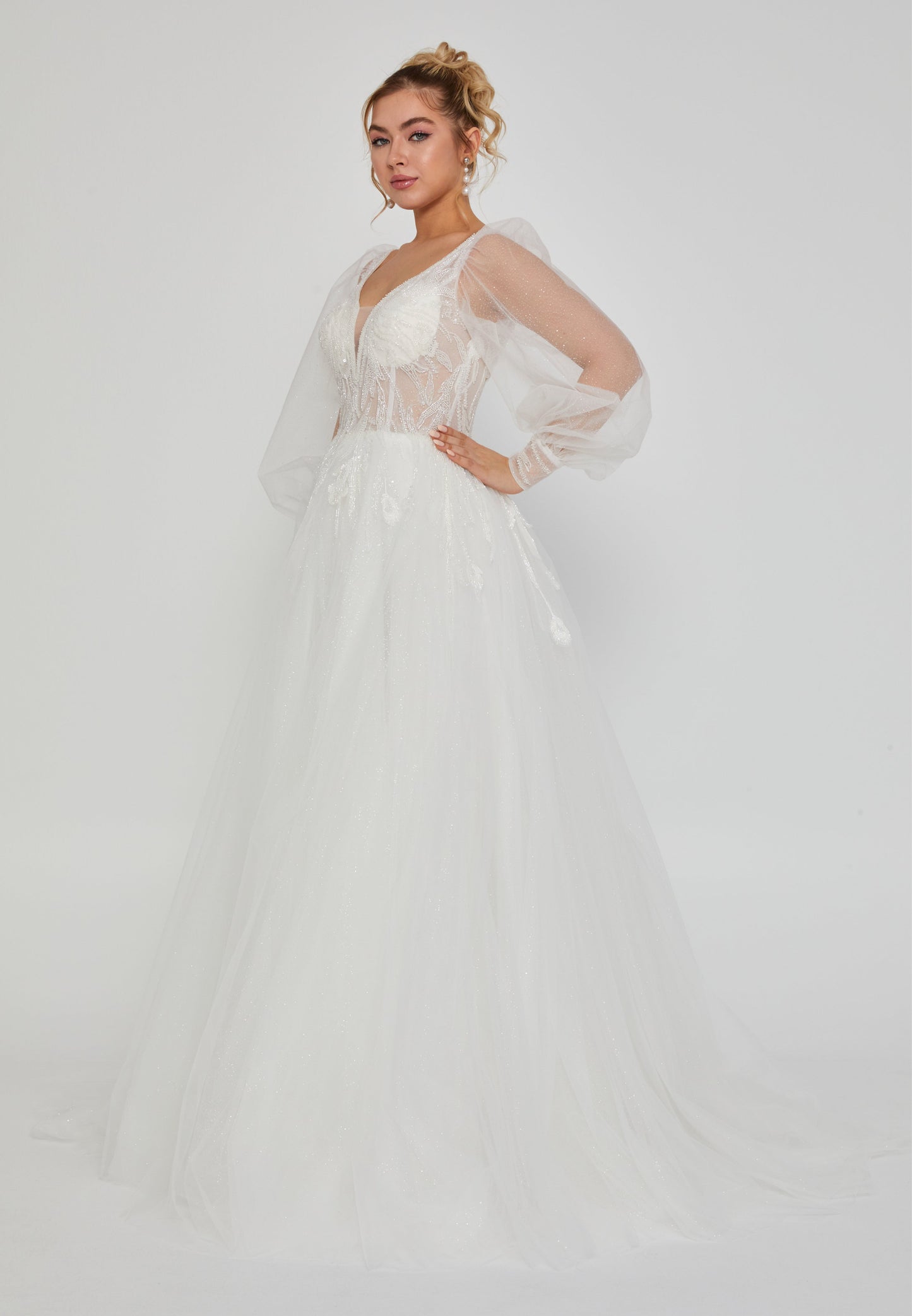 Long Sleeve Maxi Tulle Regular Wedding Dress White - Unit Price: 230$