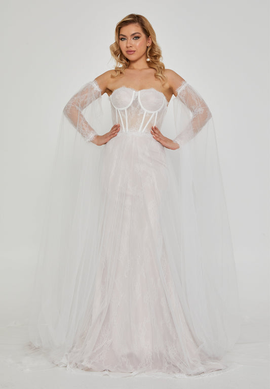 Off Shoulder Maxi Tulle Regular Wedding Dress Off White - Unit Price: 669$