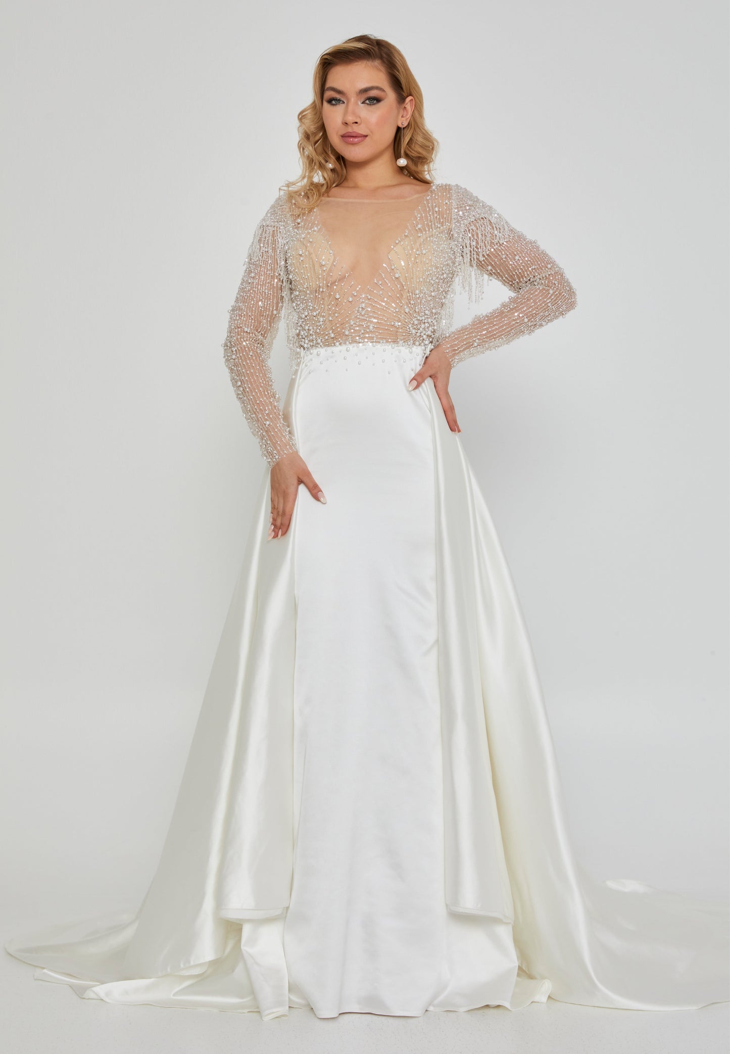 Long Sleeve Maxi Satin Regular Wedding Dress Off White - Unit Price: 830$