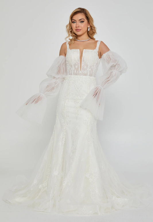 Off Shoulder Maxi Tulle Regular Wedding Dress Off White - Unit Price: 850$