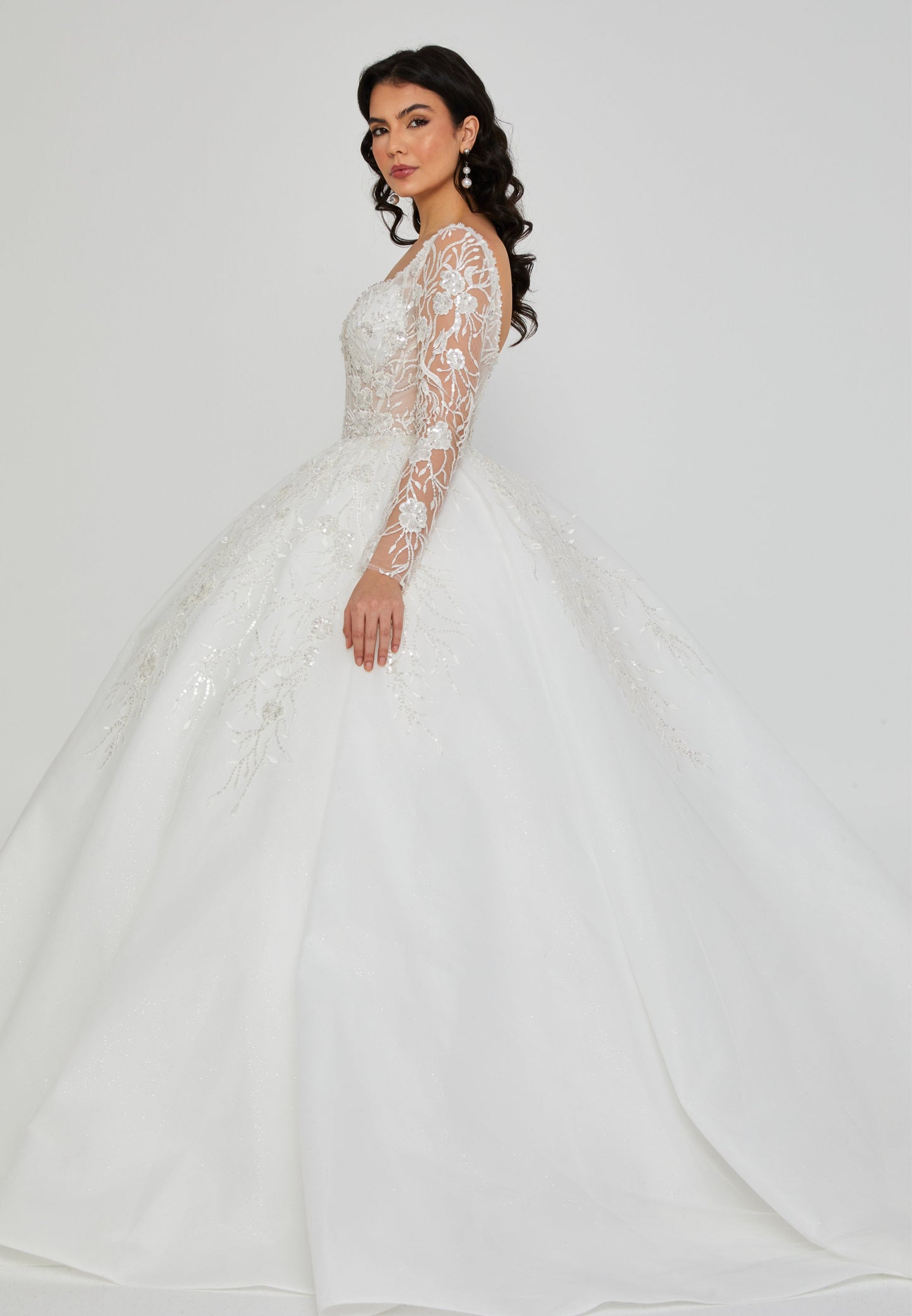 Long Sleeve Maxi Tulle Regular Wedding Dress Off White - Unit Price: 350$