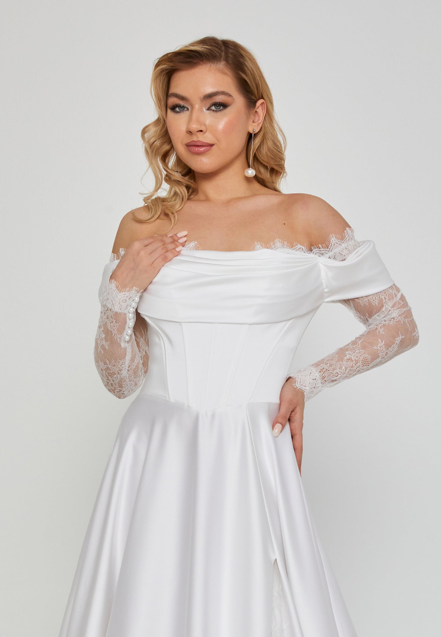 Off Shoulder Maxi Satin Regular Wedding Dress Off White - Unit Price: 790$