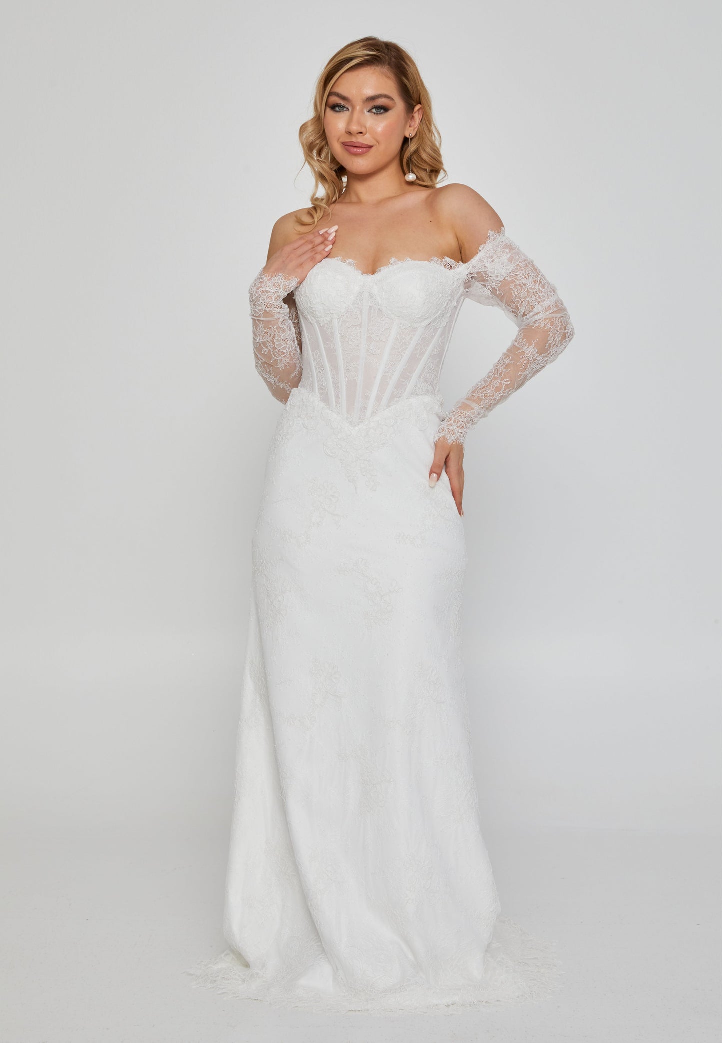 Off Shoulder Maxi Lace Regular Wedding Dress Off White - Unit Price: 690$