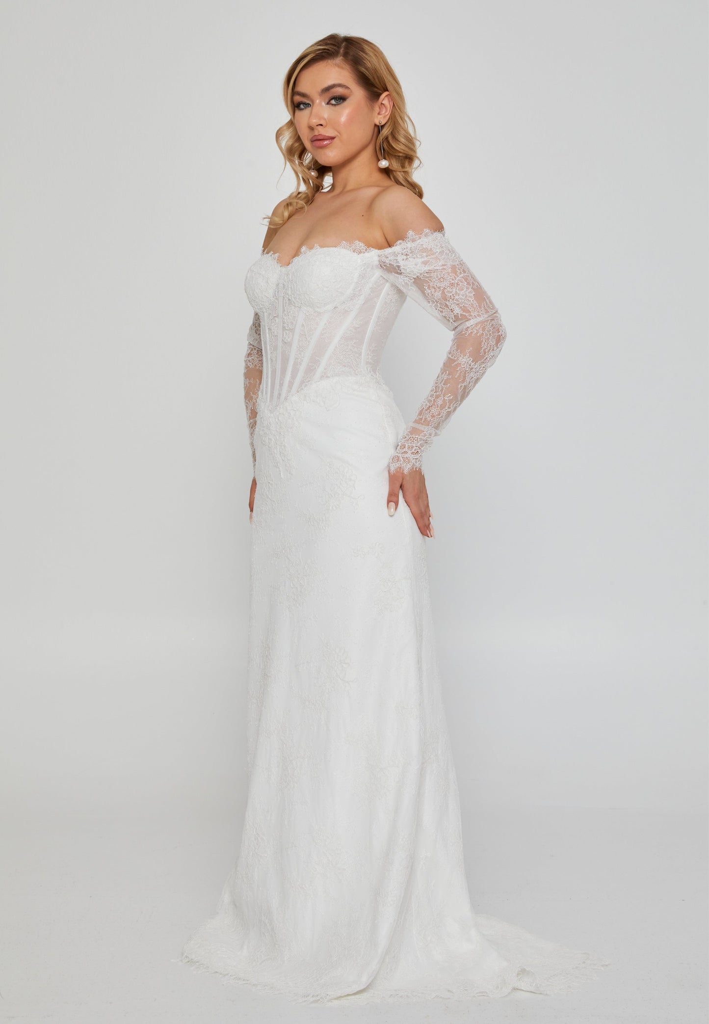 Off Shoulder Maxi Lace Regular Wedding Dress Off White - Unit Price: 690$