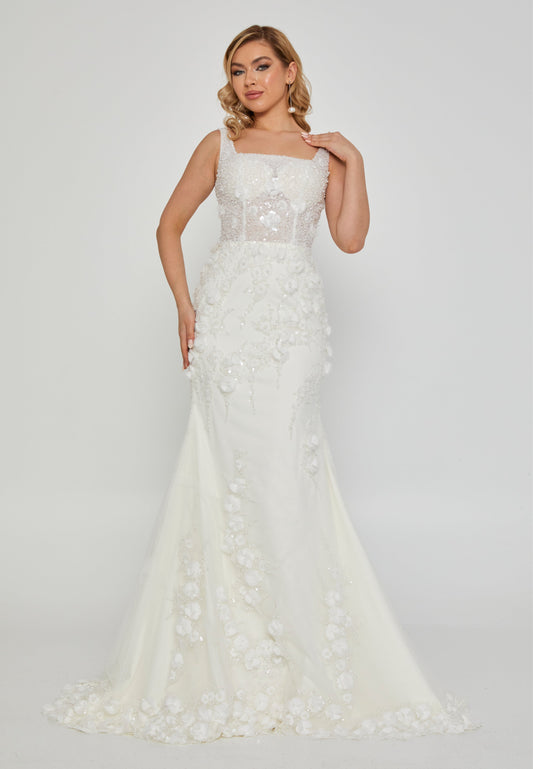 Sleeveless Maxi Tulle Regular Wedding Dress Off White - Unit Price: 710$