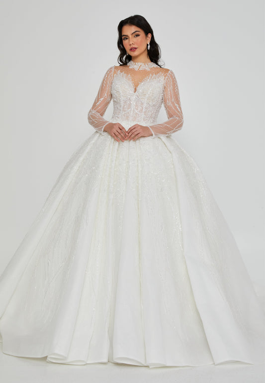 Long Sleeve Maxi Tulle Regular Wedding Dress Off White - Unit Price: 750$