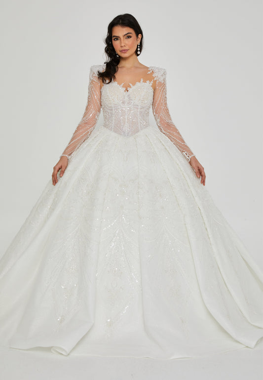 Long Sleeve Maxi Tulle Regular Wedding Dress Off White - Unit Price: 800$