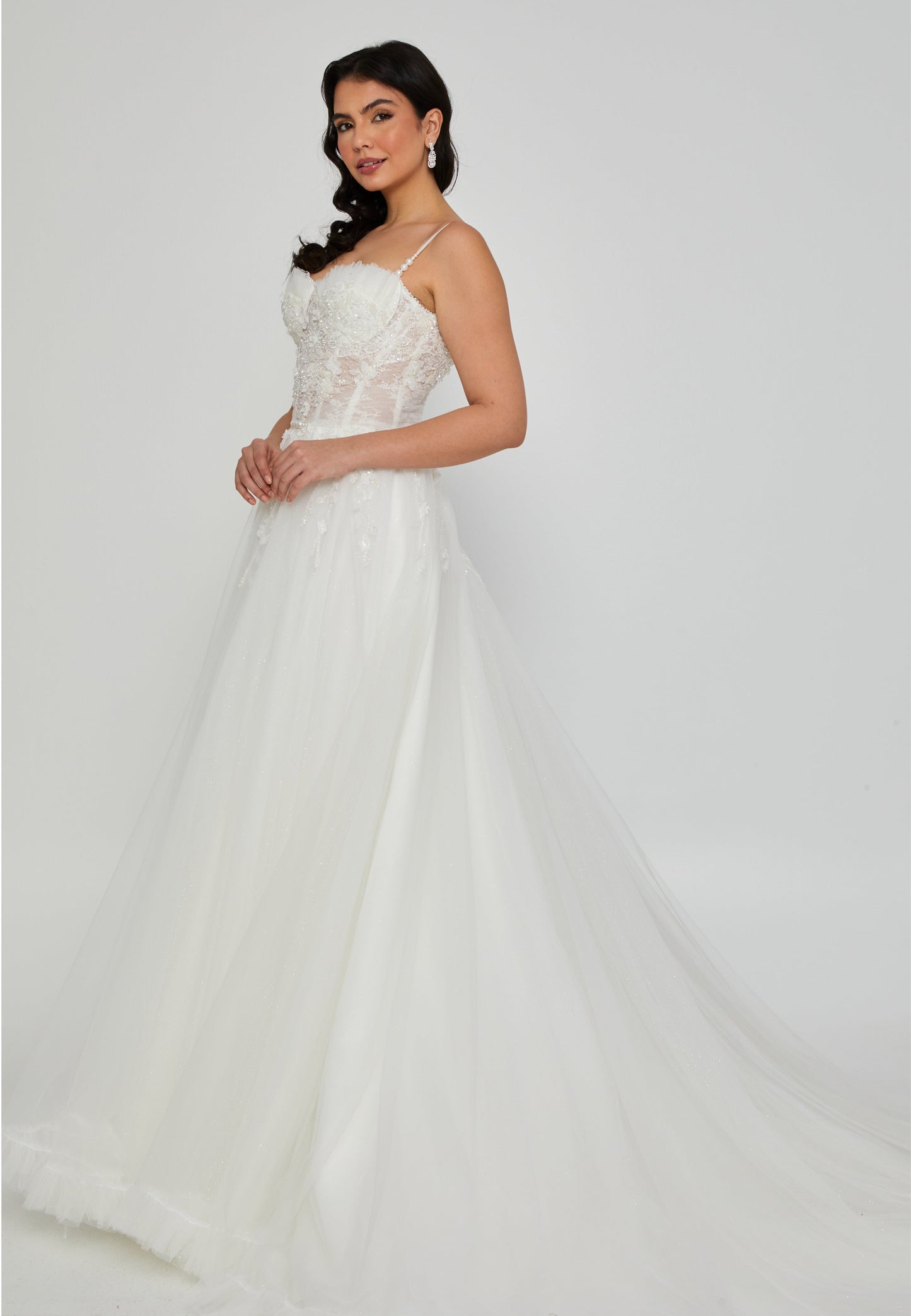 Sleeveless Maxi Tulle Regular Wedding Dress Off White - Unit Price: 685$