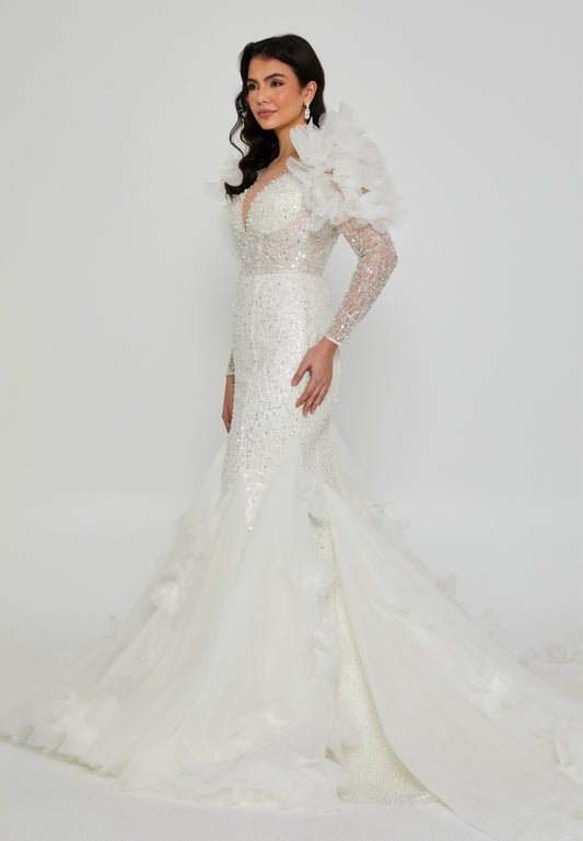 Long Sleeve Maxi Tulle Regular Wedding Dress Off White - Unit Price: 1110$