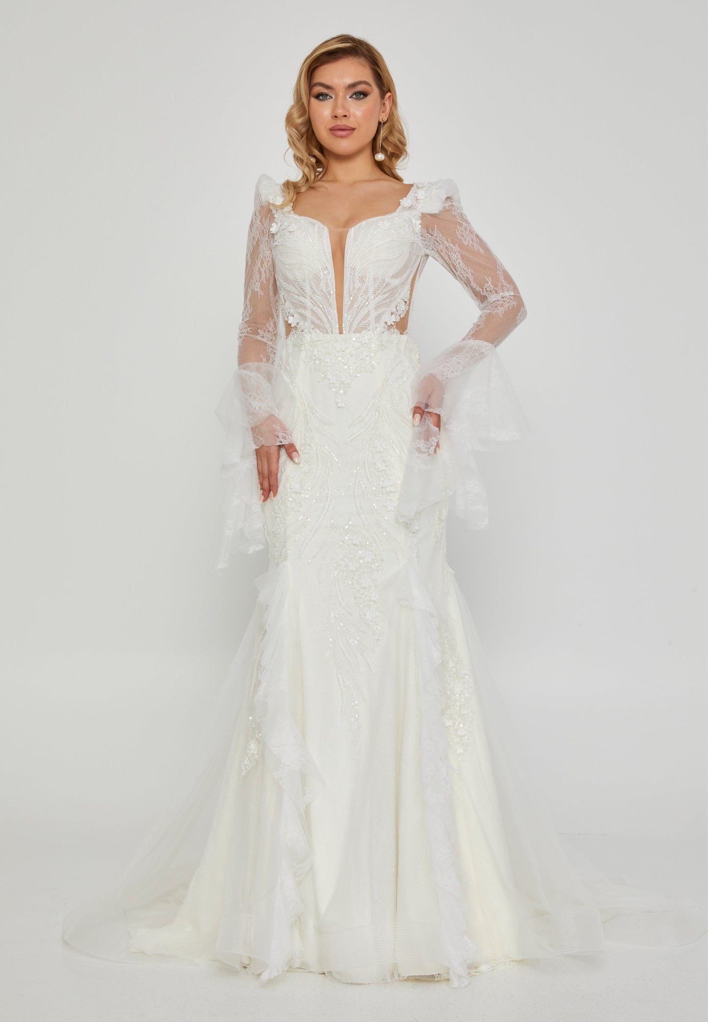 Long Sleeve Maxi Tulle Regular Wedding Dress Off White - Unit Price: 830$