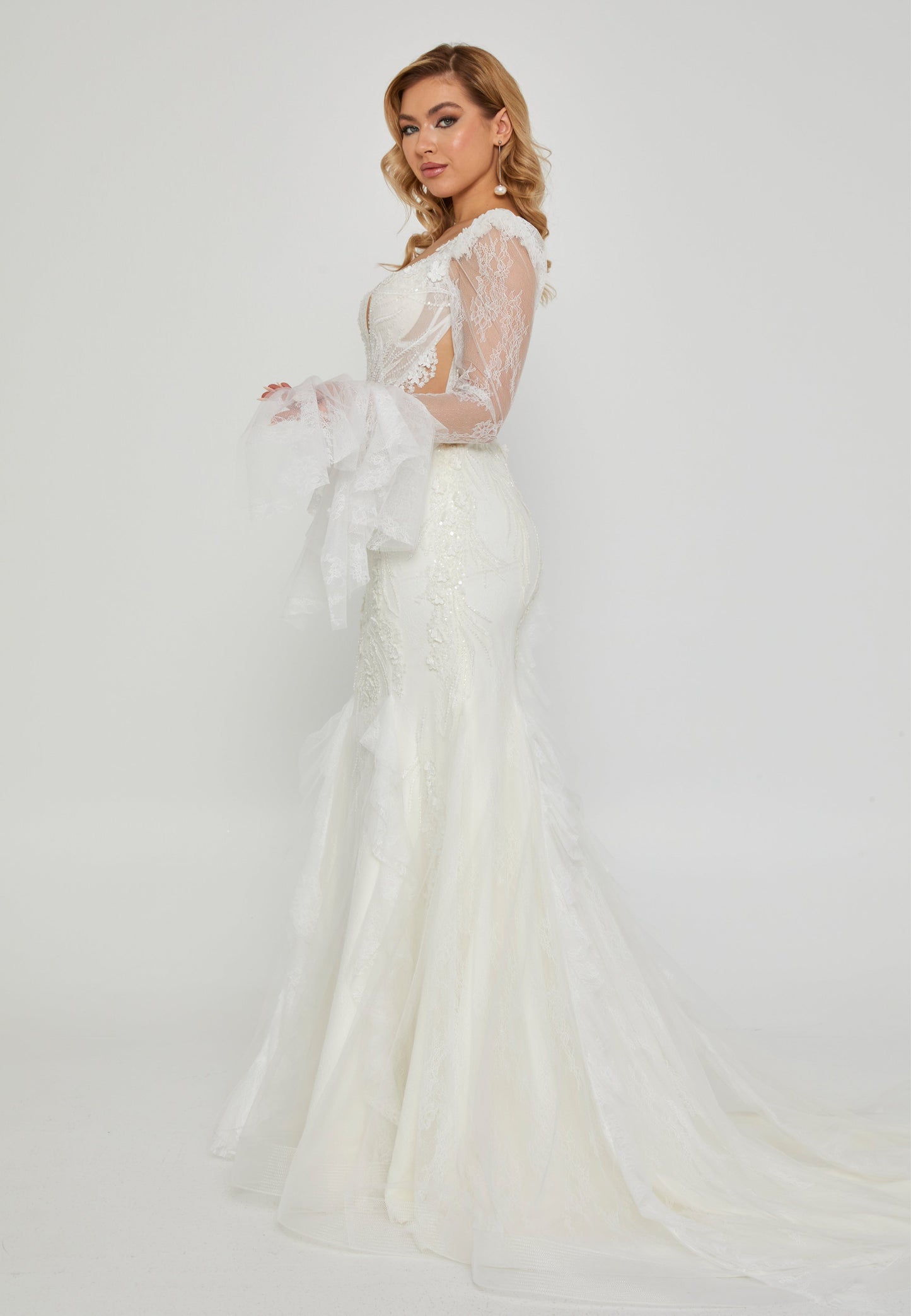 Long Sleeve Maxi Tulle Regular Wedding Dress Off White - Unit Price: 830$