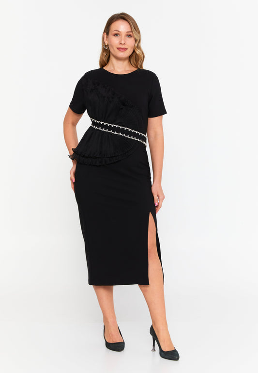 Short Sleeve Midi Polyester Column Plus Size Evening Dress Black - Unit Price: 87$