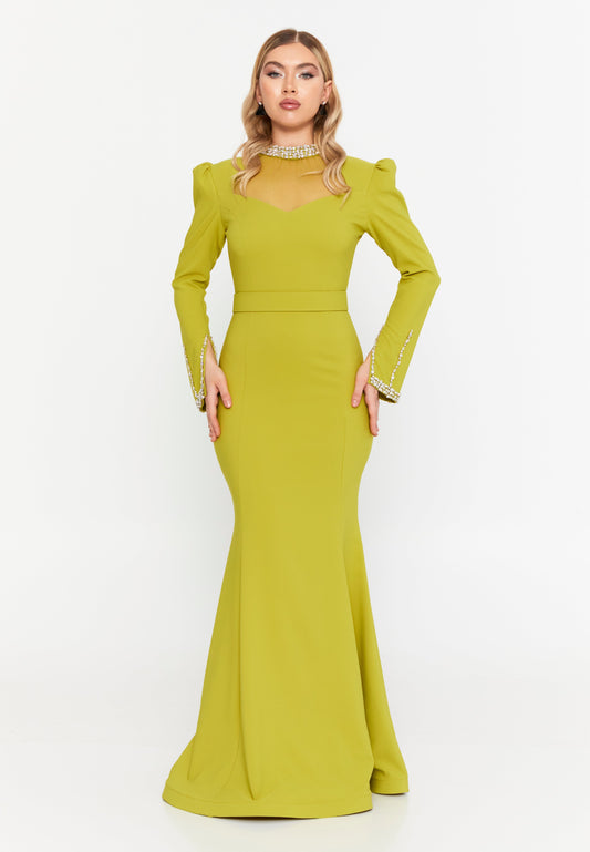 Long Sleeve Maxi Viscose Mermaid Regular Evening Dress Oil Green - Unit Price: 92$