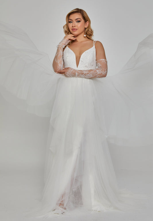 Off Shoulder Maxi Tulle Regular Wedding Dress Off White - Unit Price: 1050$