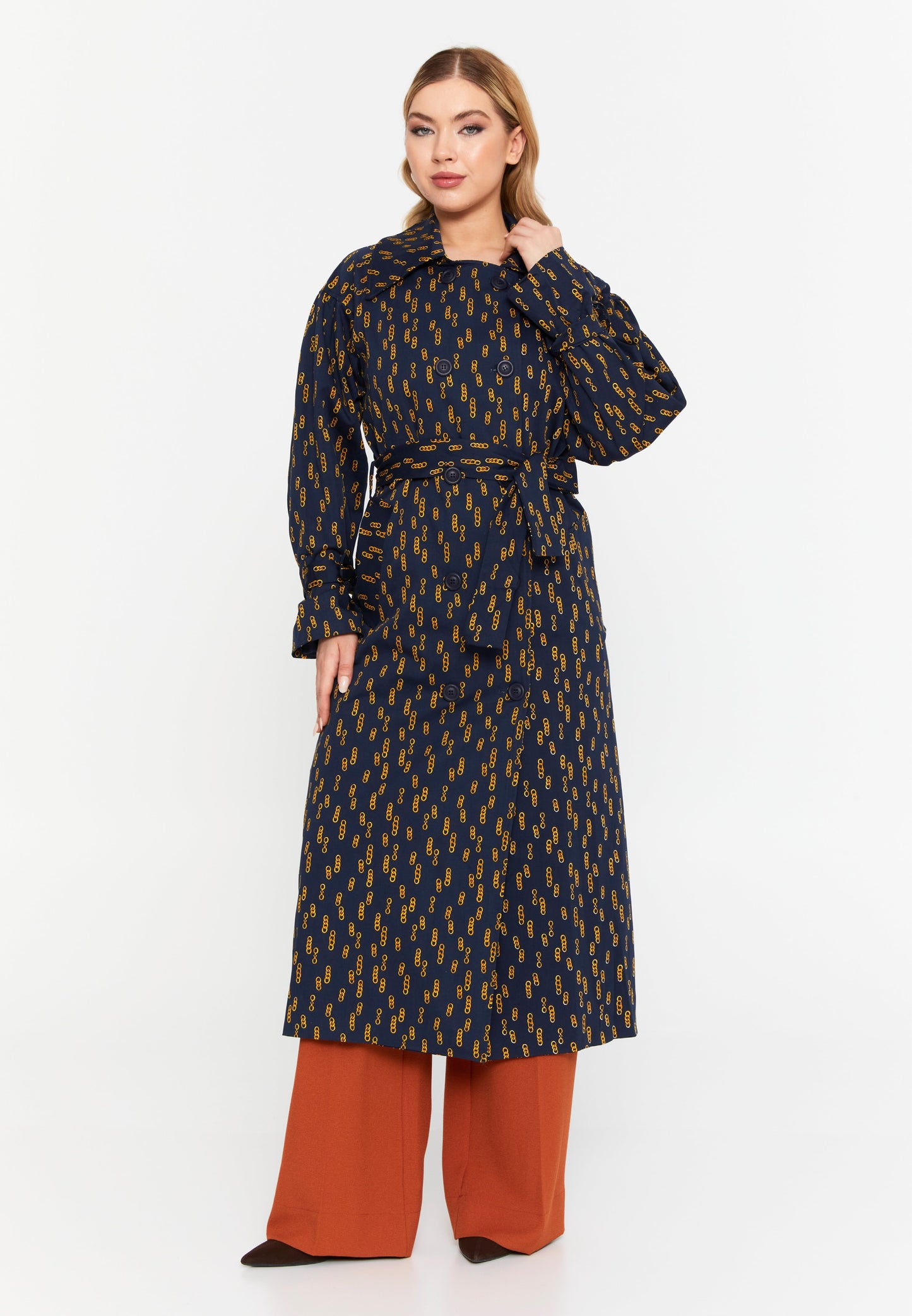 Long Sleeve Regular Trenchcoat Navy-Yellow - Unit Price: 64$