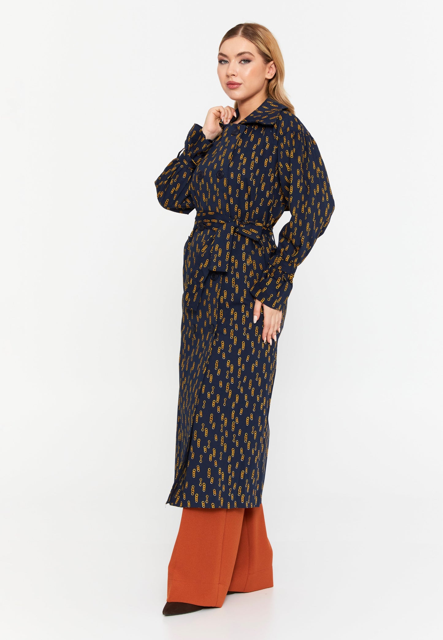 Long Sleeve Regular Trenchcoat Navy-Yellow - Unit Price: 64$