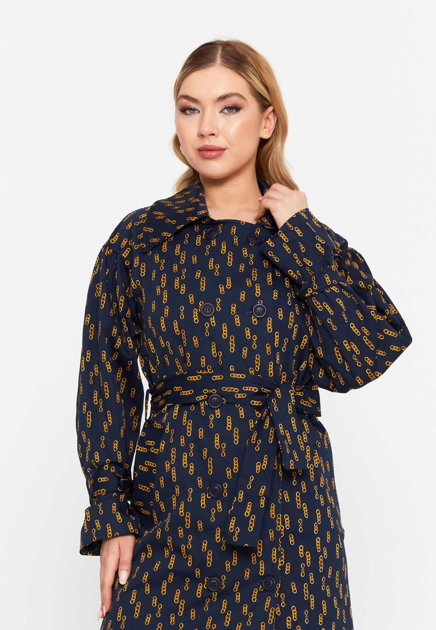 Long Sleeve Regular Trenchcoat Navy-Yellow - Unit Price: 64$