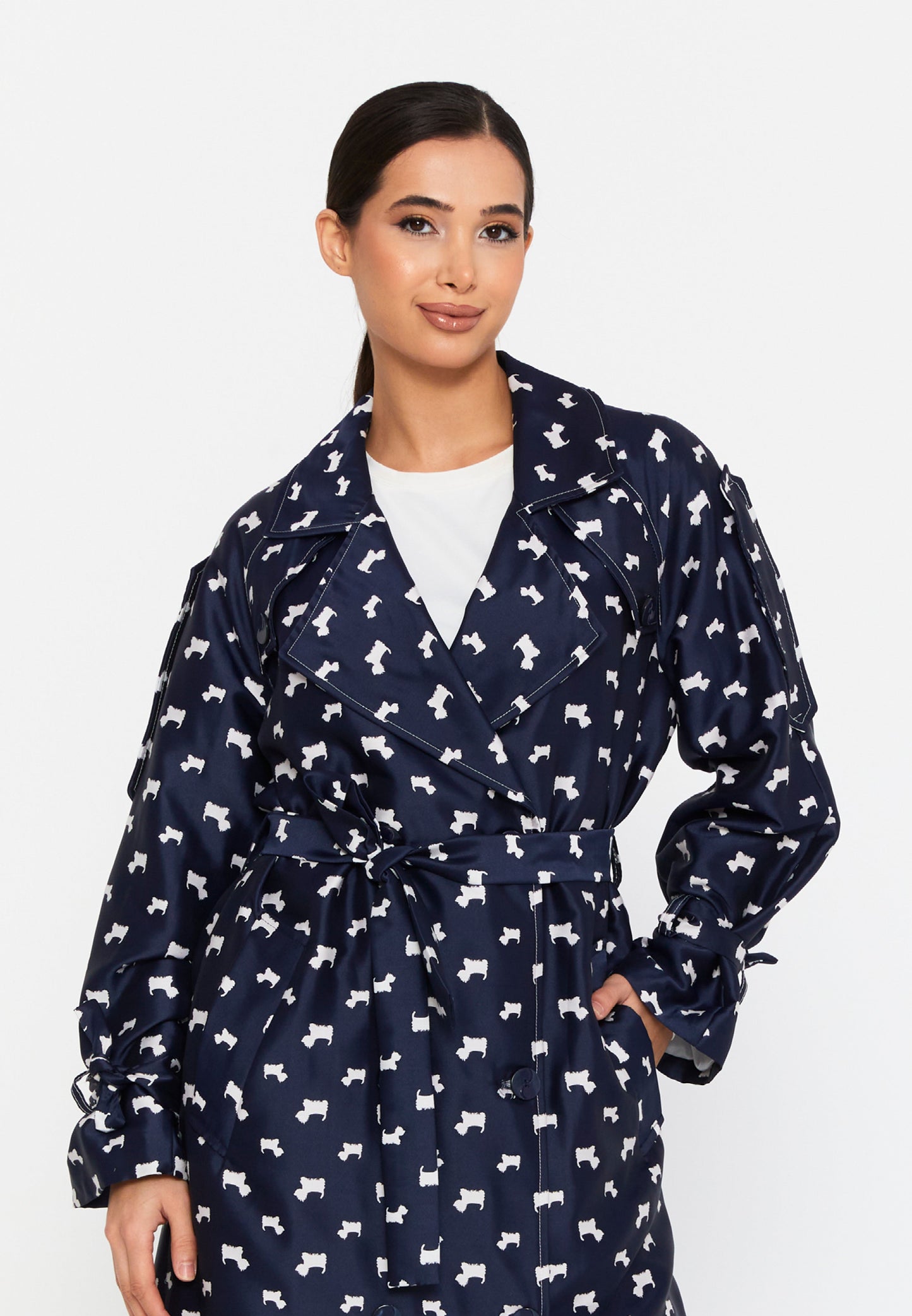 Long Sleeve Regular Trenchcoat Navy-White - Unit Price: 61$