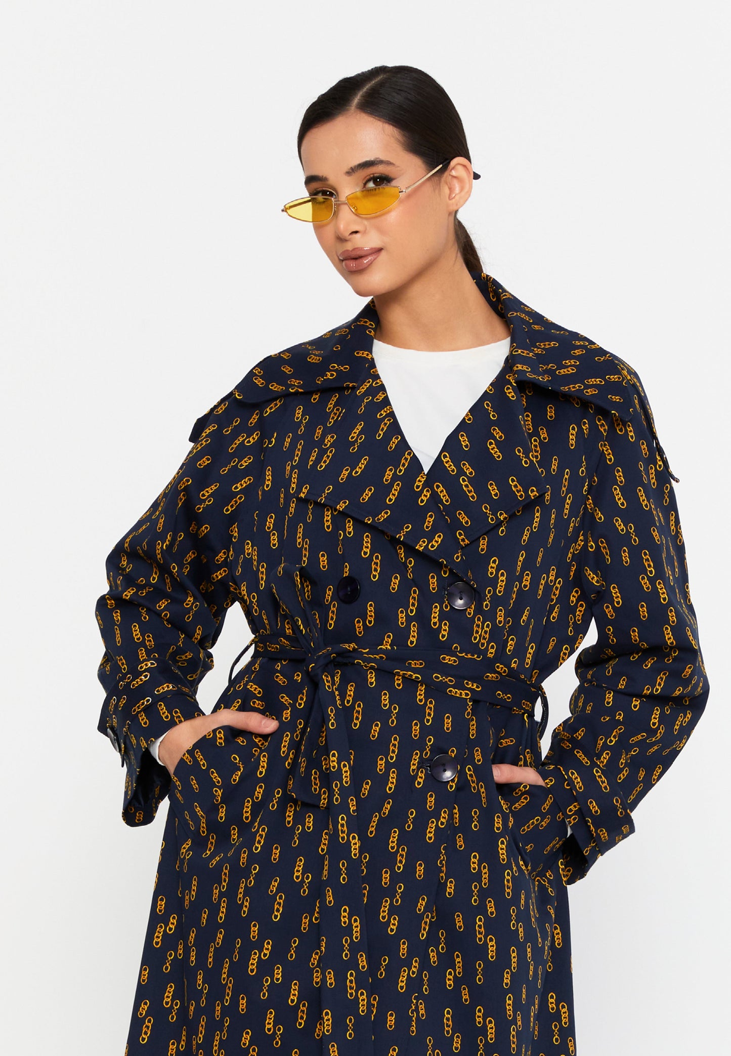 Long Sleeve Regular Trenchcoat Navy-Yellow - Unit Price:69$