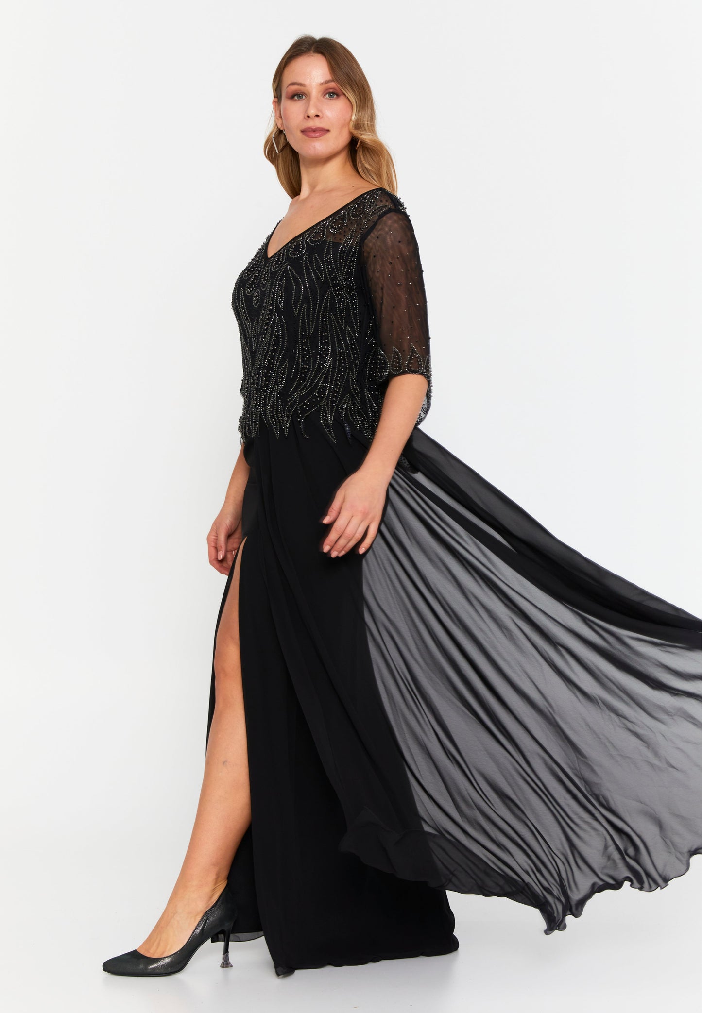 Mid-Length Midi Chiffon Column Plus Size Wedding Guest Dress Black - Unit Price: 144$