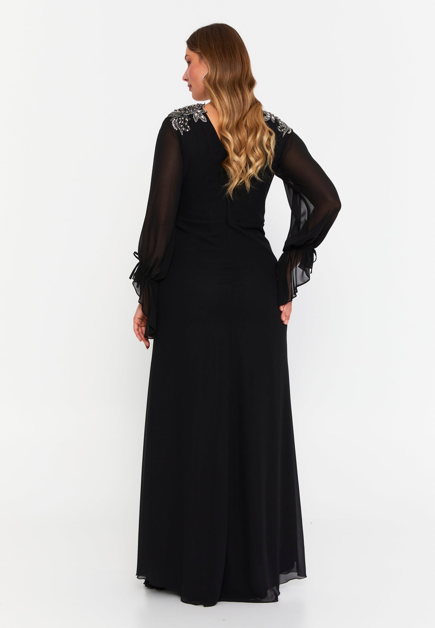 Long Sleeve Maxi Chiffon Mermaid Plus Size Wedding Guest Dress Black - Unit Price: 144$