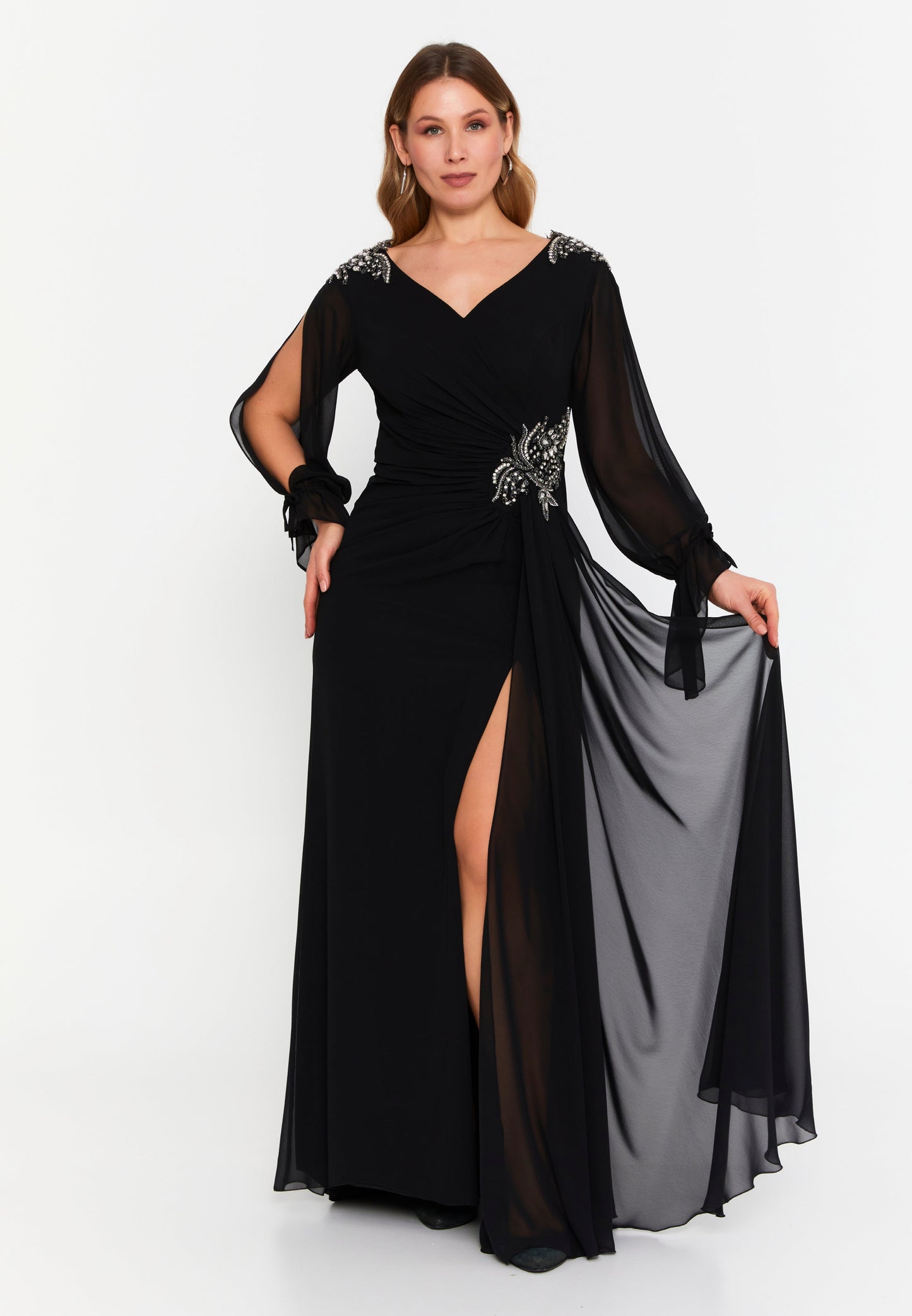 Long Sleeve Maxi Chiffon Mermaid Plus Size Wedding Guest Dress Black - Unit Price: 144$