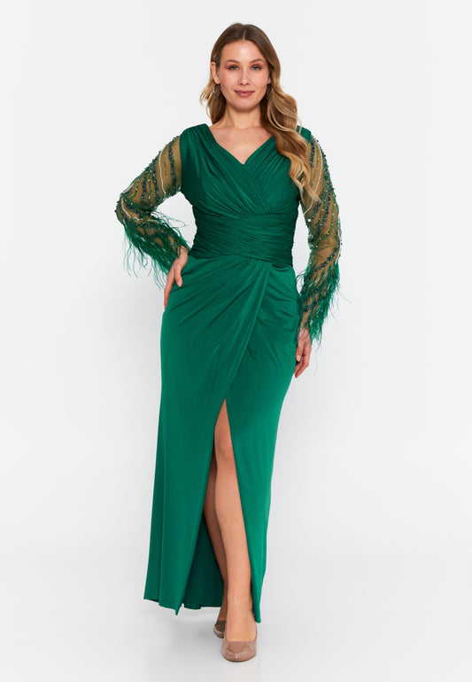 Long Sleeve Maxi Lycra Mermaid Plus Size Wedding Guest Dress Emerald Green - Unit Price:113$