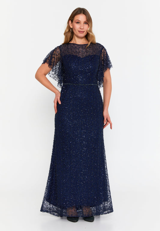 Short Sleeve Maxi Tulle Column Plus Size Wedding Guest Dress Navy - Unit Price: 201$