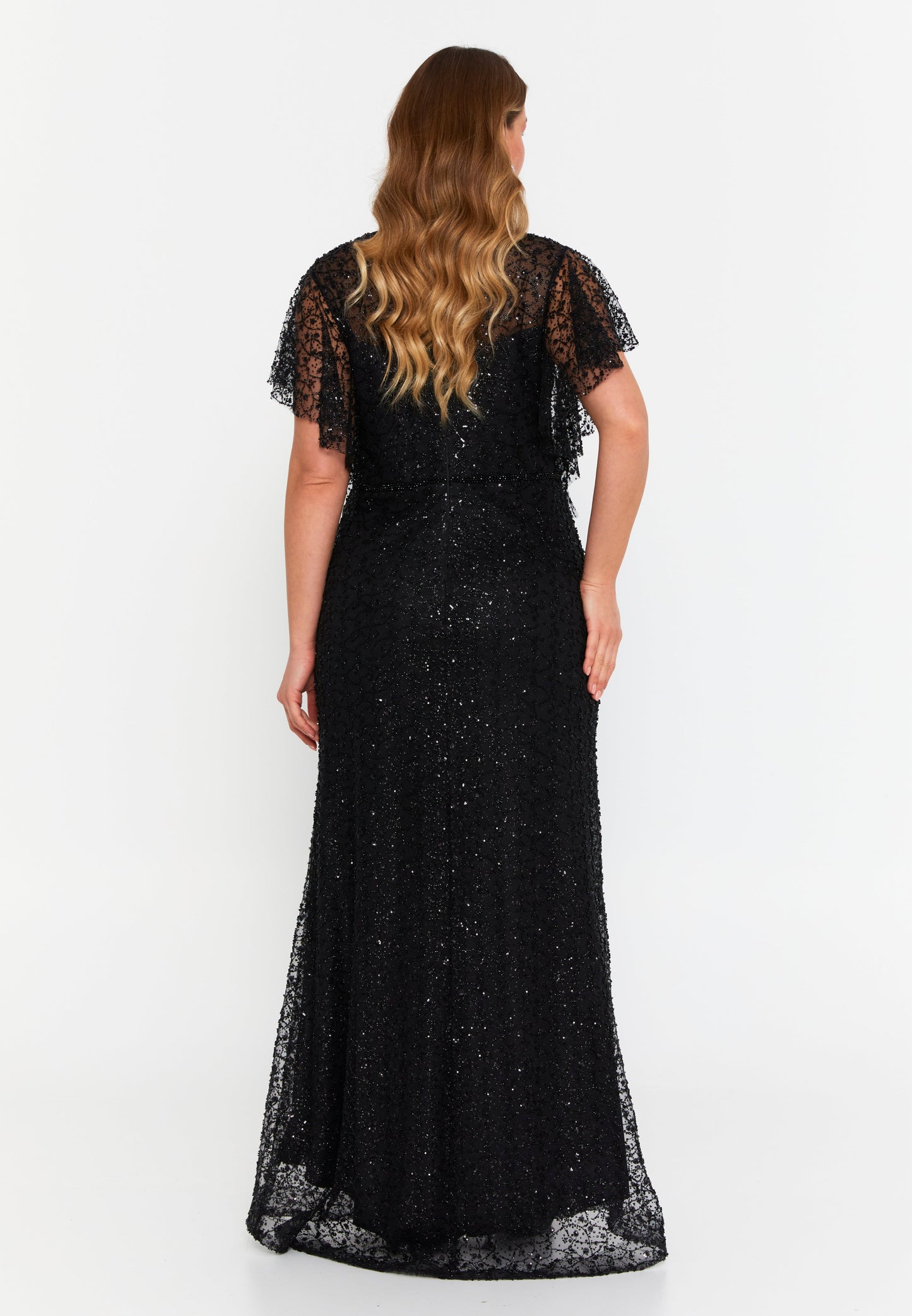 Short Sleeve Maxi Tulle Column Plus Size Wedding Guest Dress Black - Unit Price: 201$