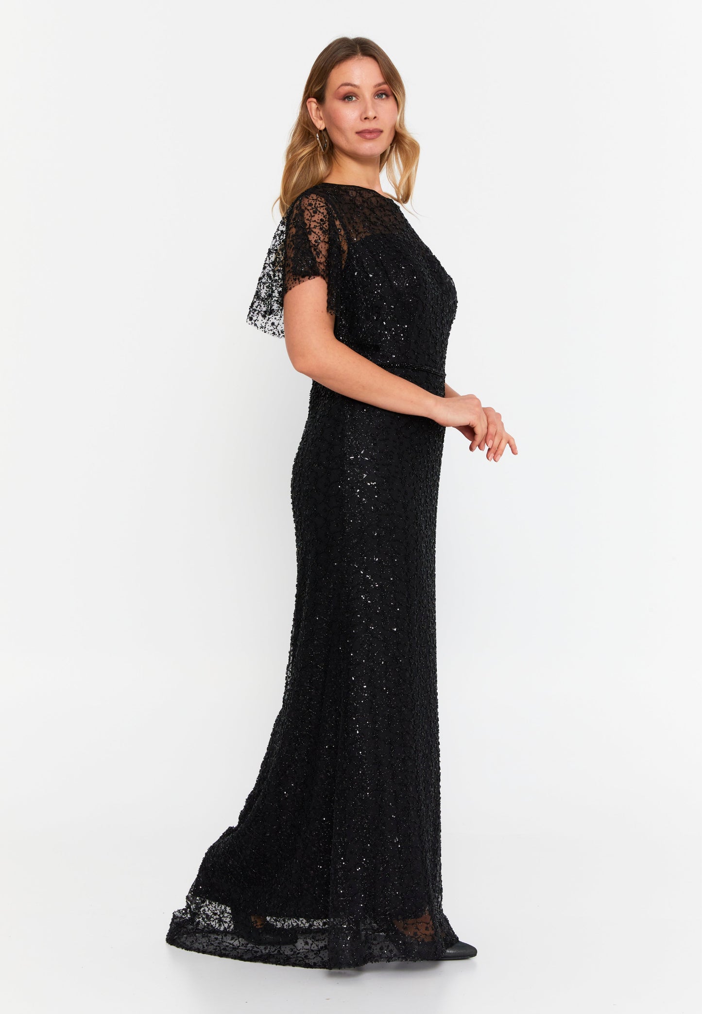 Short Sleeve Maxi Tulle Column Plus Size Wedding Guest Dress Black - Unit Price: 201$