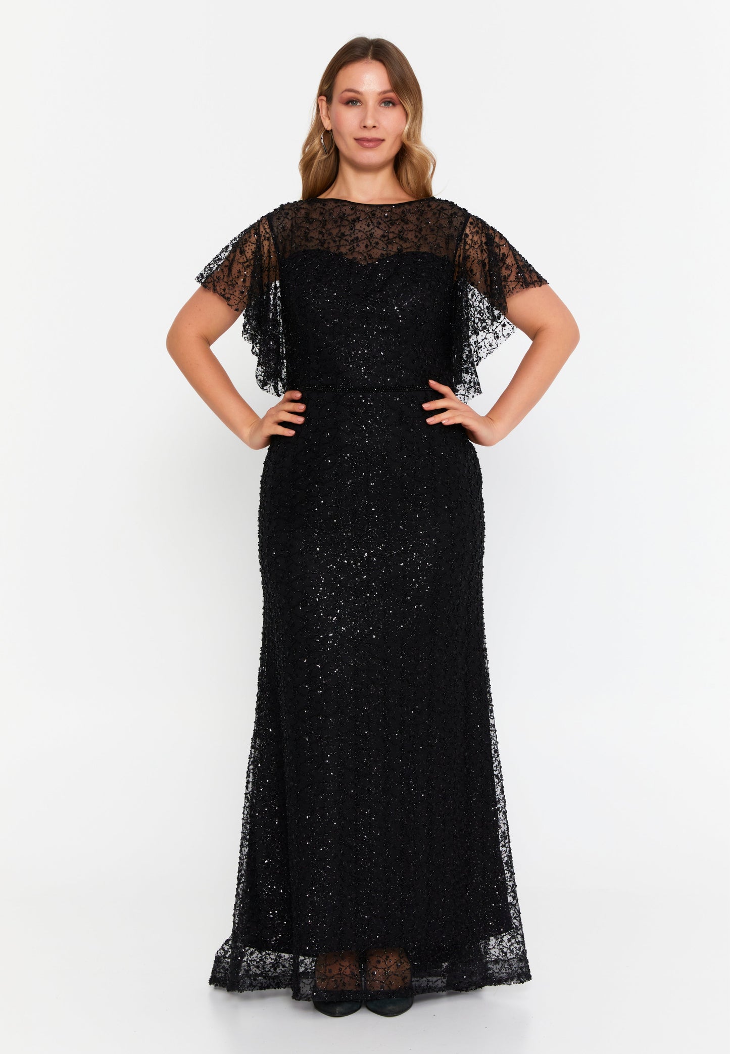 Short Sleeve Maxi Tulle Column Plus Size Wedding Guest Dress Black - Unit Price: 201$