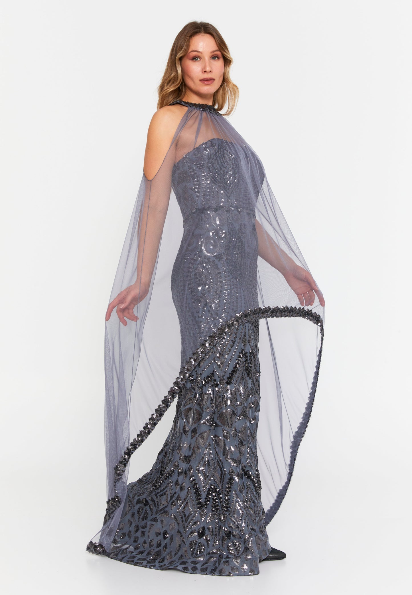 Sleeveless Maxi Tulle Mermaid Plus Size Wedding Guest Dress Grey - Unit Price: 157$