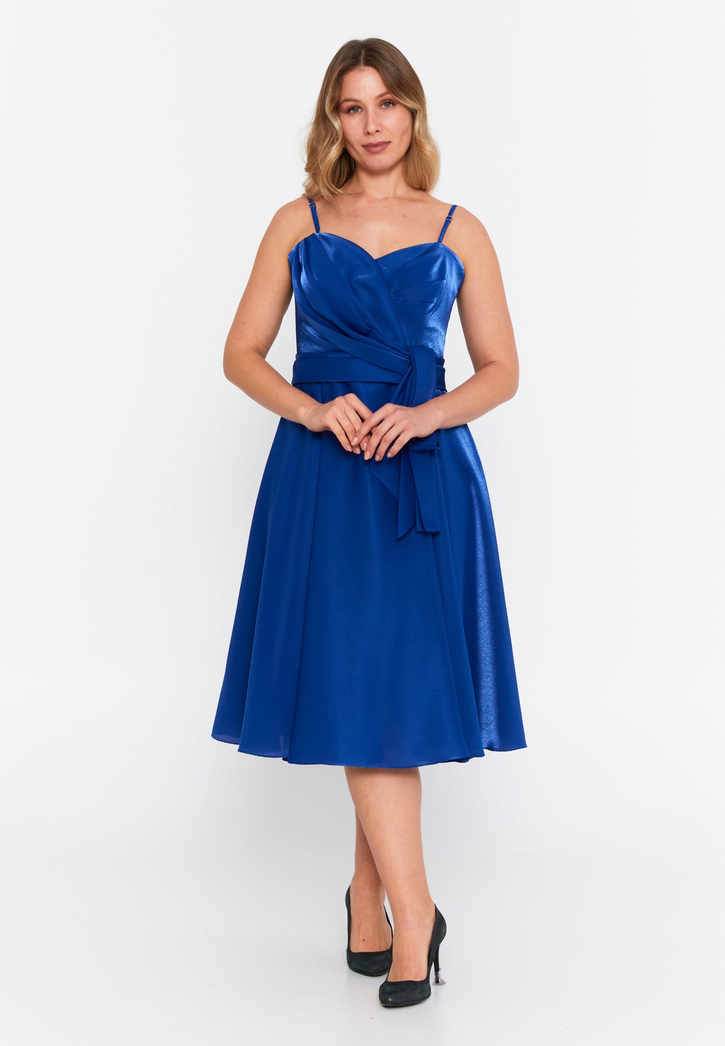 Sleeveless Midi Polyester A - Line Plus Size Evening Dress Saxe Blue - Unit Price: 94$