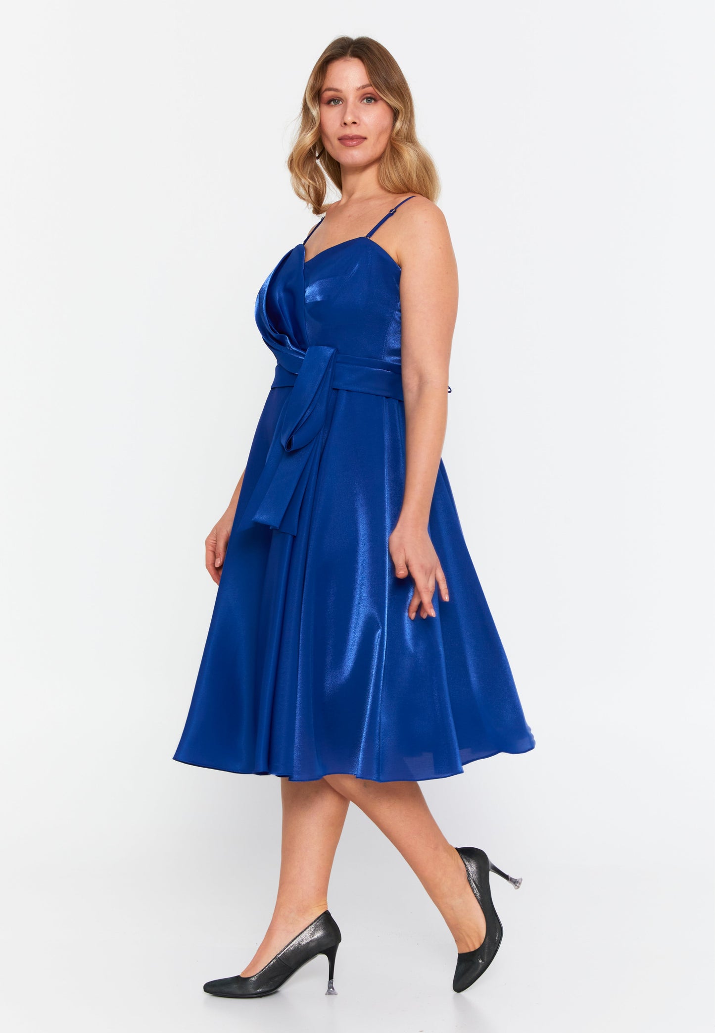 Sleeveless Midi Polyester A - Line Plus Size Evening Dress Saxe Blue - Unit Price: 94$