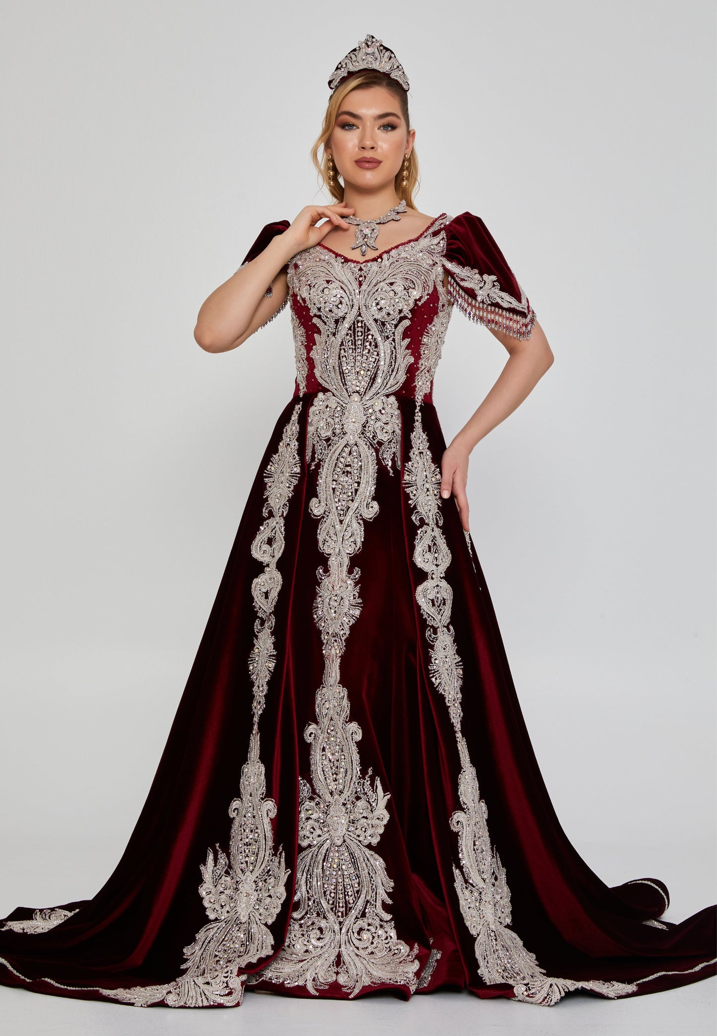 Short Sleeve Maxi Velvet Regular Engagement Dress Burgundy - Unit Price: 888$