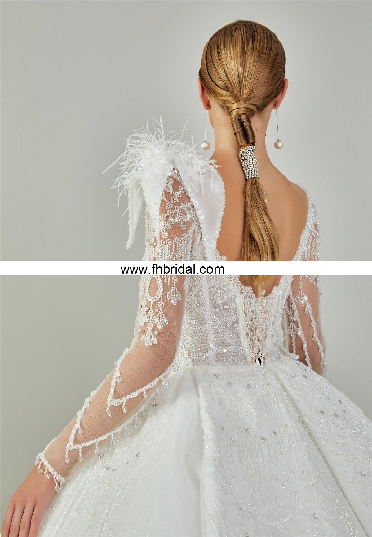 Long Sleeve Maxi Tulle Regular Ecru Wedding Dress $755.00