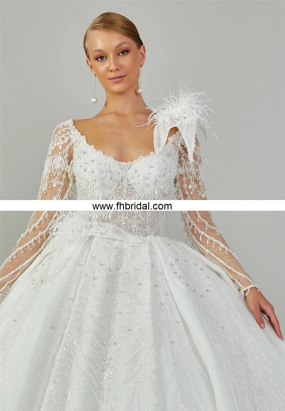 Long Sleeve Maxi Tulle Regular Ecru Wedding Dress $755.00