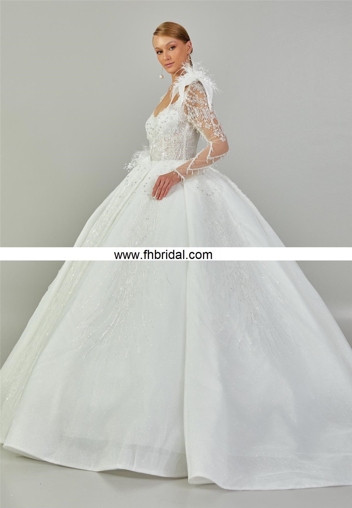 Long Sleeve Maxi Tulle Regular Ecru Wedding Dress $755.00