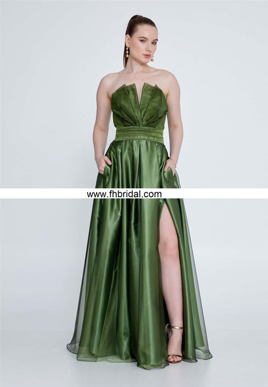 Strapless Maxi Tulle A - Line Regular Green Prom Dress $110.00