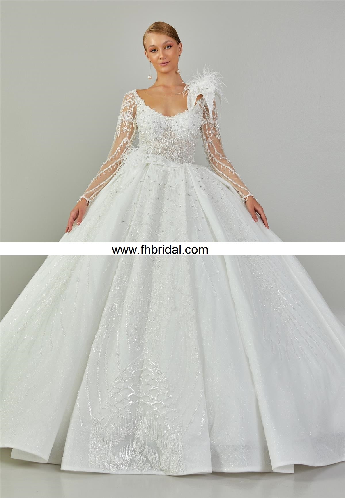 Long Sleeve Maxi Tulle Regular Ecru Wedding Dress $755.00