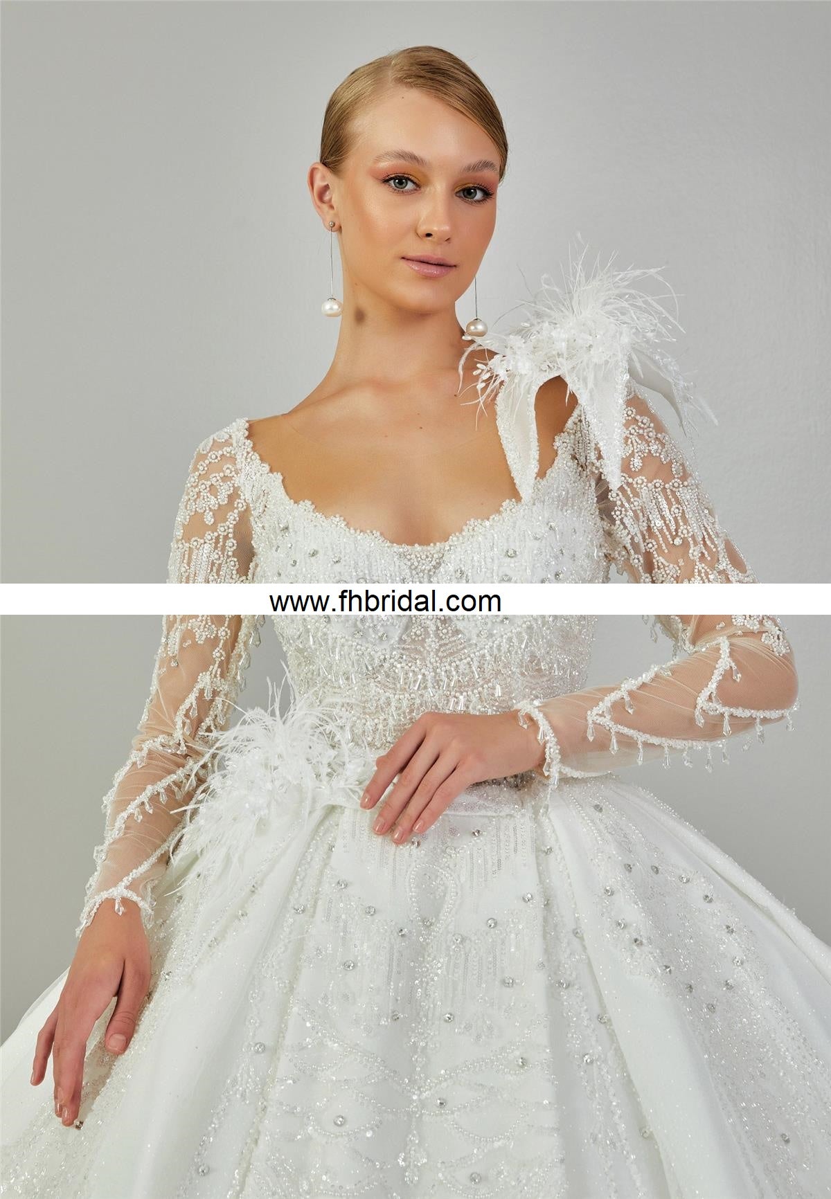 Long Sleeve Maxi Tulle Regular Ecru Wedding Dress $755.00