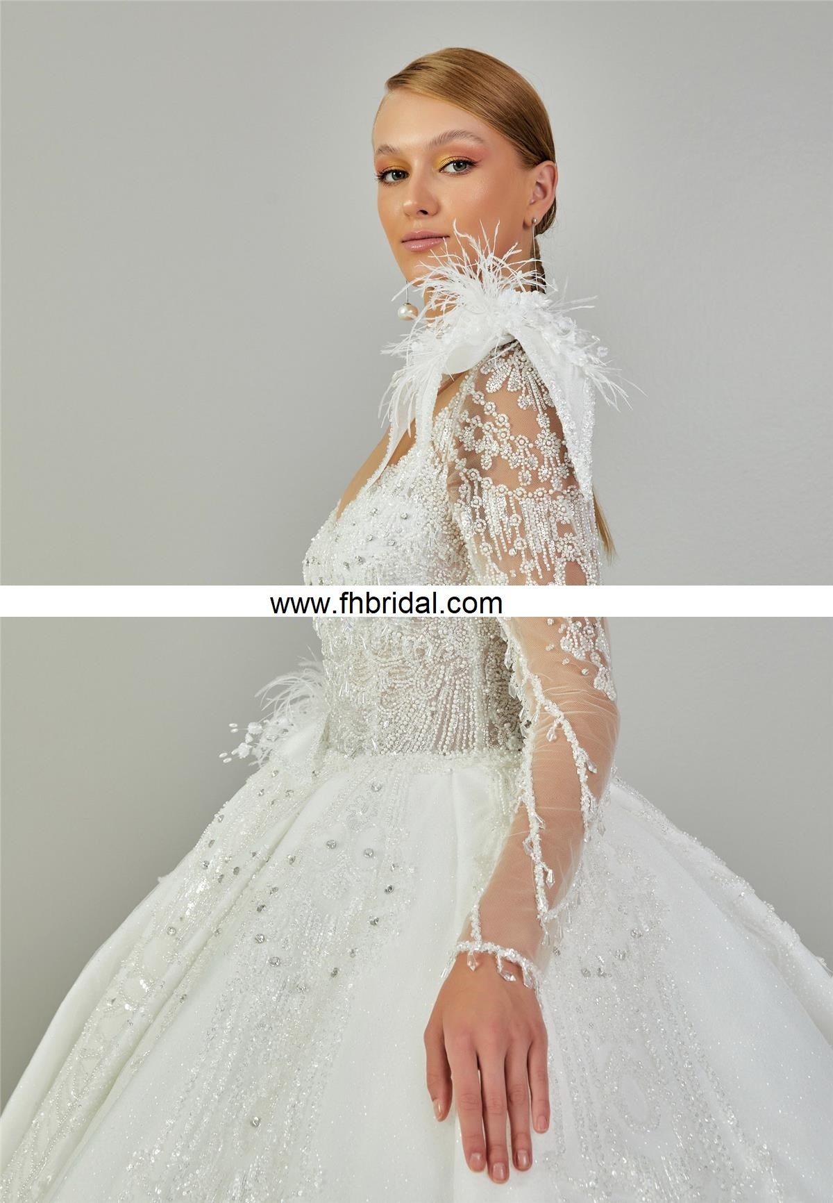 Long Sleeve Maxi Tulle Regular Ecru Wedding Dress $755.00